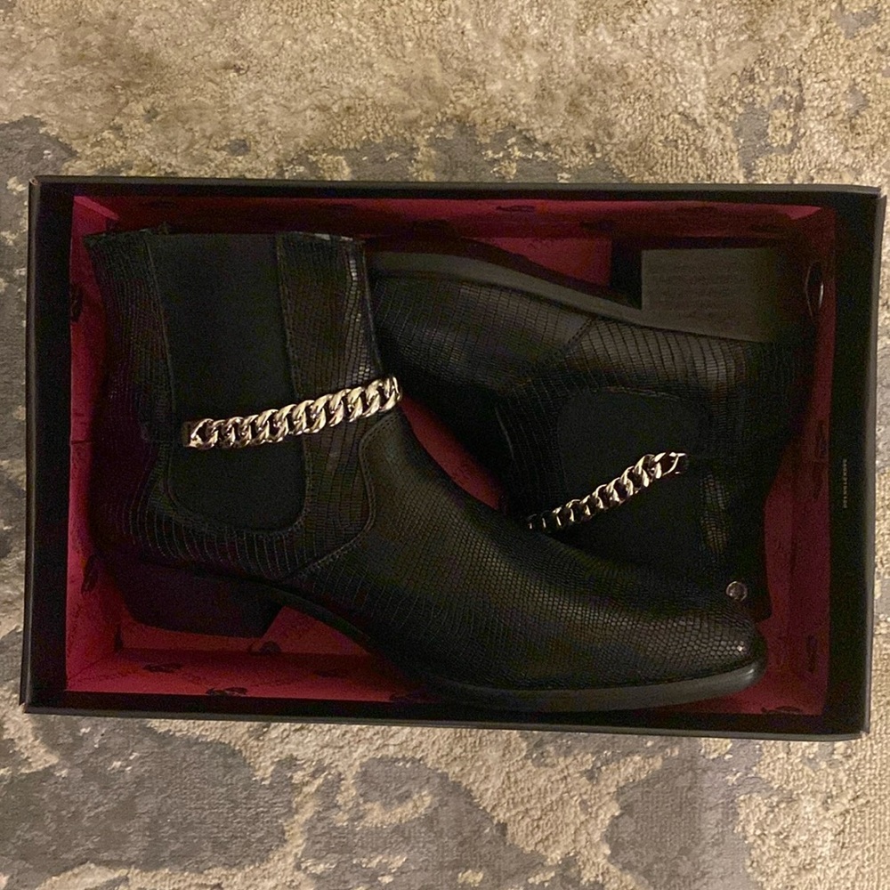 Twisted Tailor leather Chelsea boots with sliver chain embellishment. W/box.